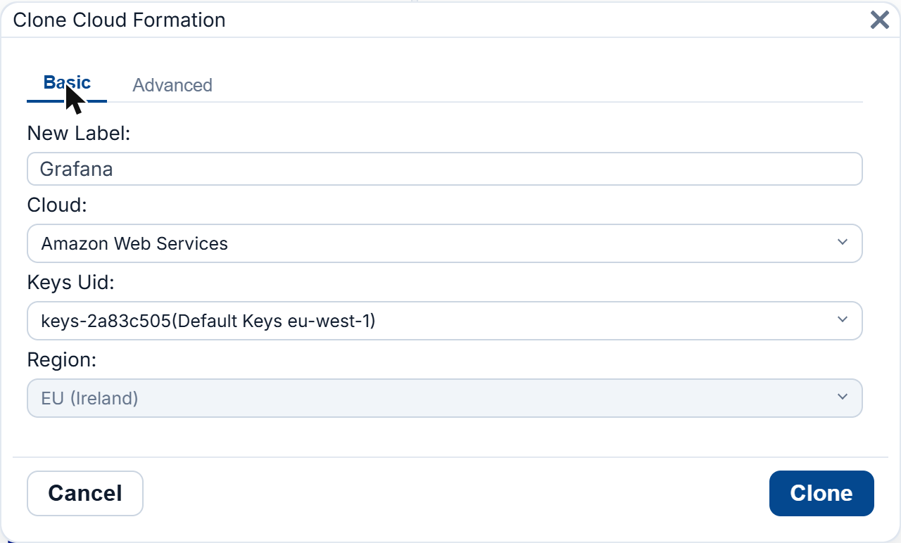 The Clone Cloud Formation dialog: new label Grafana, Amazon Web Services, the default keys for eu-west-1 and the EU (Ireland) region